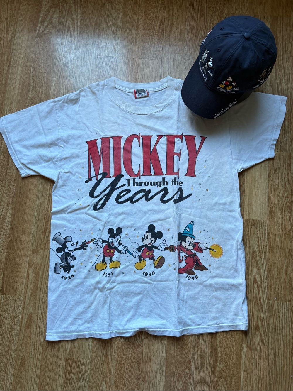 Mickey through the years VTG shirt *holes size s/m free hat